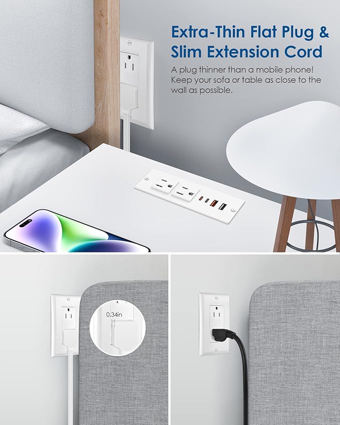 Recessed Power Strip with 30W USB C, Ultra Thin Flat Plug Power Strip, 2 - Image 2