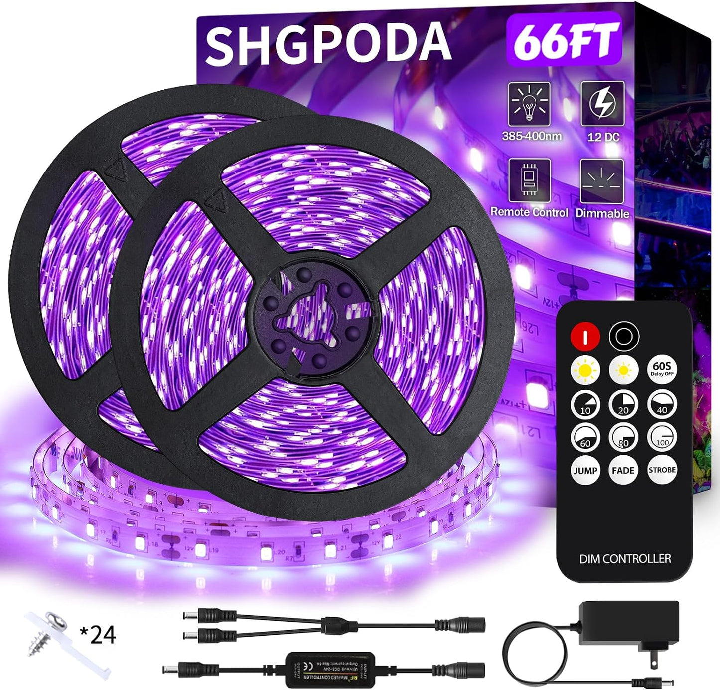66 Foot Black Light Strip & Remote, 1200LEDs, Dimmable, 3 Lighting Modes | 12V Flexible Black Lights for Halloween, Glow Neon Party, Bedroom, Classroom, Fluorescent Decor Tapestry Poster, Indoor