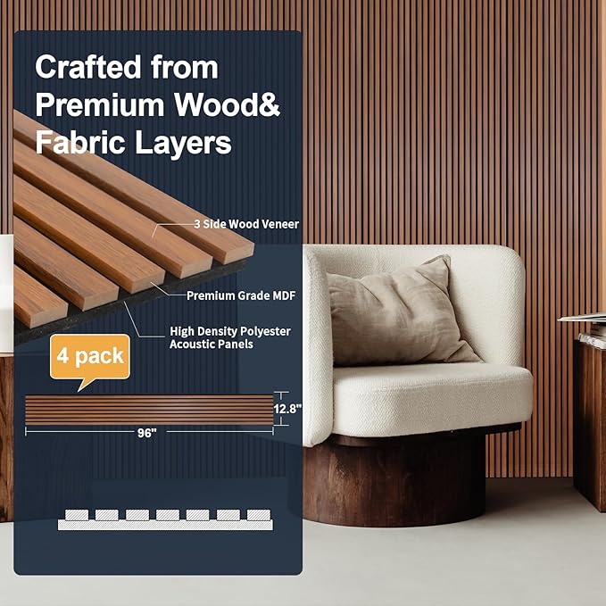 NeatiEase Wood Panels for Wall, 4-Piece 96" x 12.6" Soundproof Wood Slat Wall - Image 2