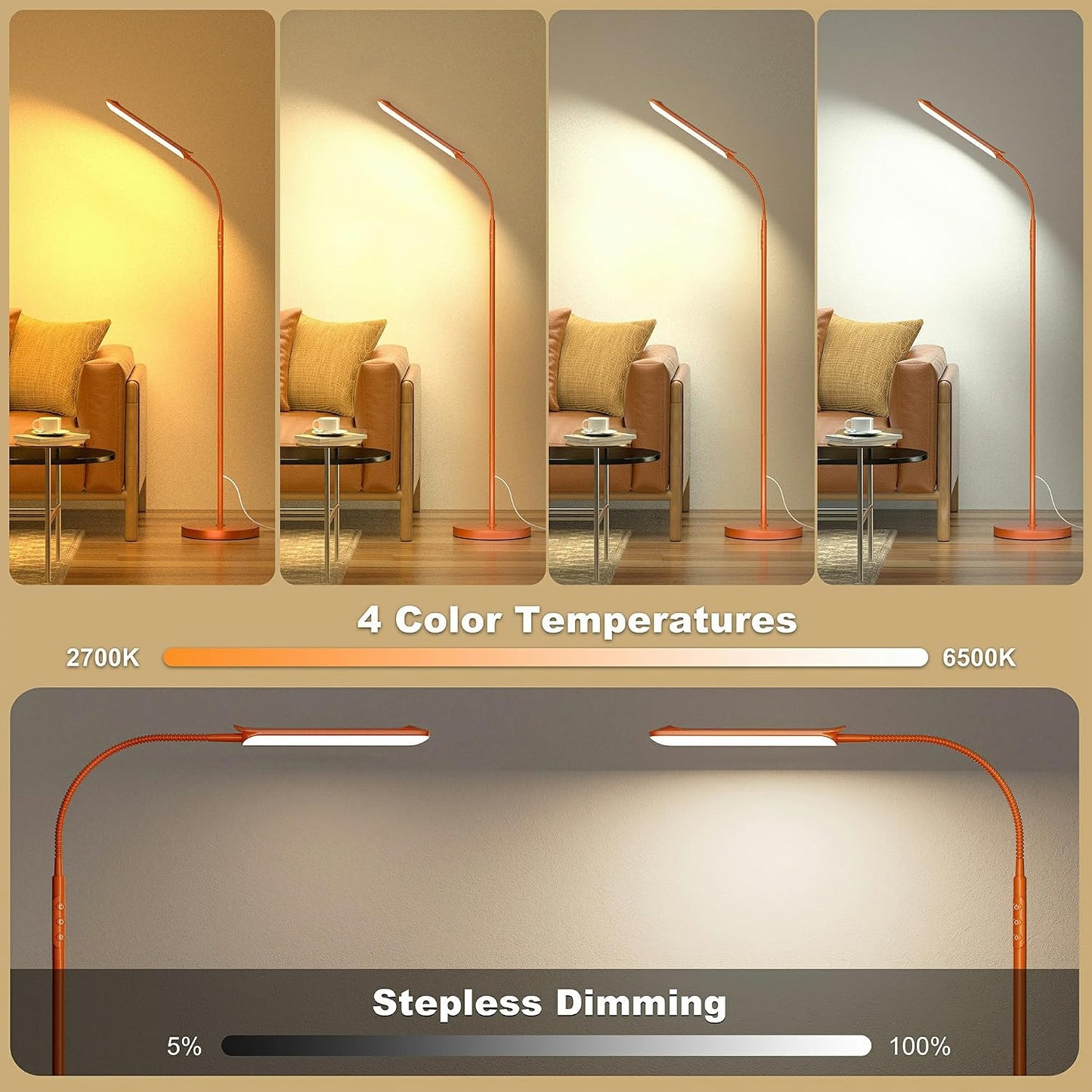 Yikuneng Dimmable LED Floor Lamp, Super Bright Reading Lamps Floor Standing lamp with Remote & Touch Control, Orange