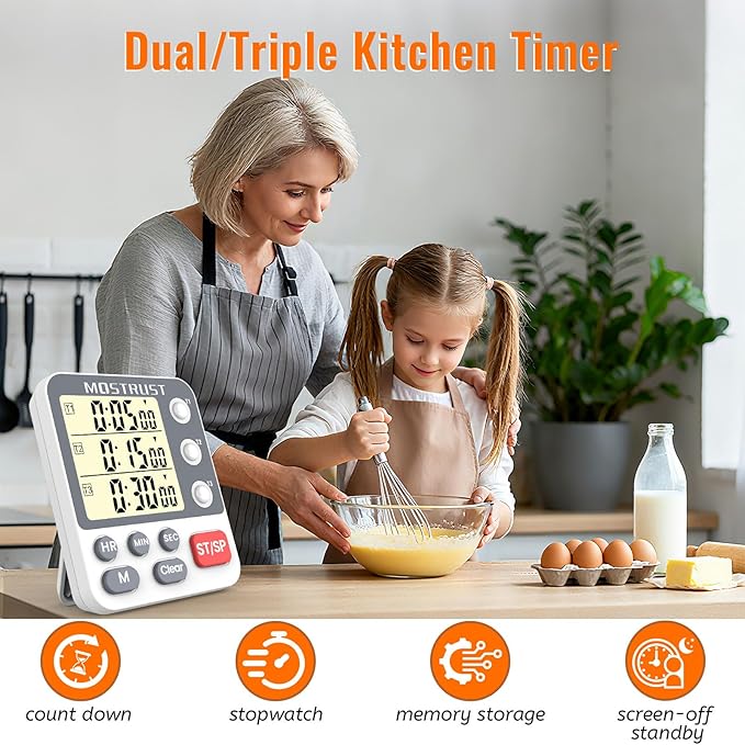 MOSTRUST Digital Dual Kitchen Timer, 3 Channels Countdown Triple Timer - Image 2