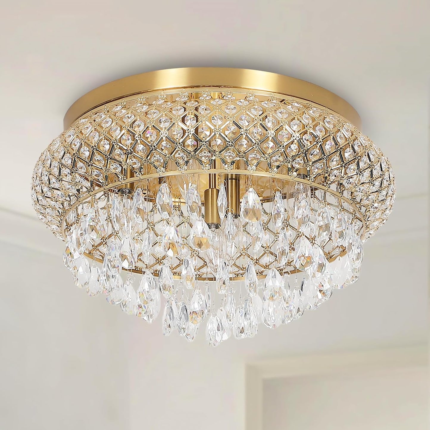 Maxax 19.5'' Crystal Brass Chandelier, 5-Light Large Vintage Farmhouse Ceiling Light Fixture, Drum Raindrop Metal Shade, French Empire, for Living Room Bedroom Dining Room Kitchen Entryway