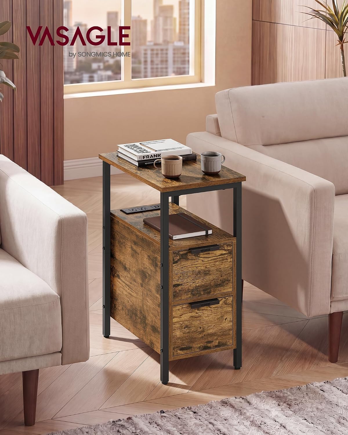VASAGLE Side End Table with Charging Station, Slim Nightstand with 2 Drawers, Narrow Bedside Table for Living Room, Small Spaces, 18.9 x 11.8 x 24 Inches, Rustic Brown and Ink Black ULET324K101S
