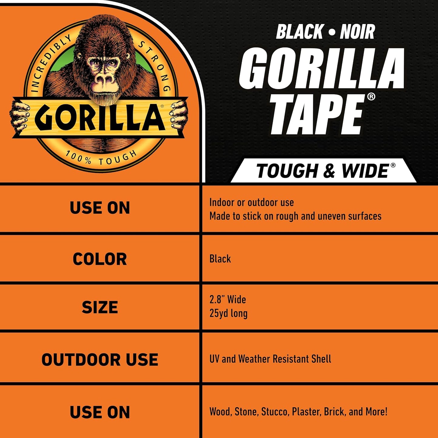 Gorilla Tape Tough & Wide,Black Tape,2.88" x 25 yd - Heavy Duty and Weather Resistant for Indoor or Outdoor,(Pack of 4)