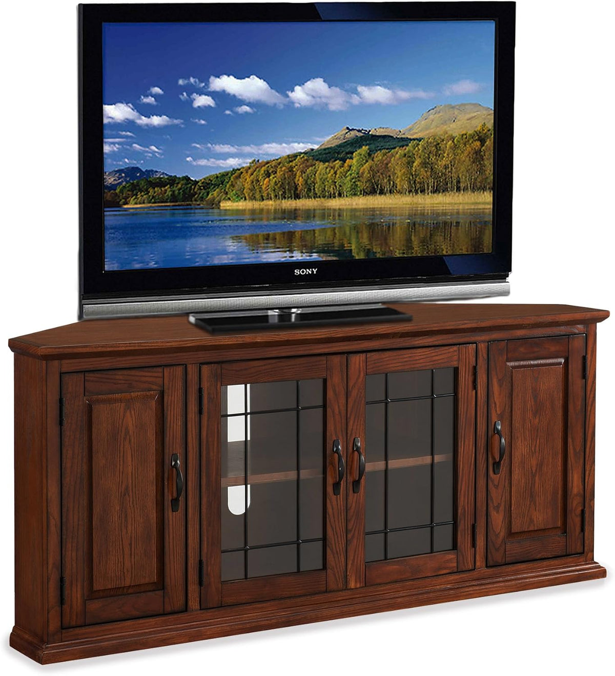 Leick Home Riley Corner TV Stand 60 in, Burnished Oak, Solid Wood, Beveled