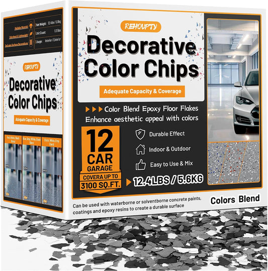 Blend Decorative Epoxy Floor Chips, Multi-Color Flakes For Floors & Walls | 12.4LBS 3-5MM Black, White, Gray Blend Decorative Epoxy Floor Chips, Suitable for Interior & Exterior House Garage Use