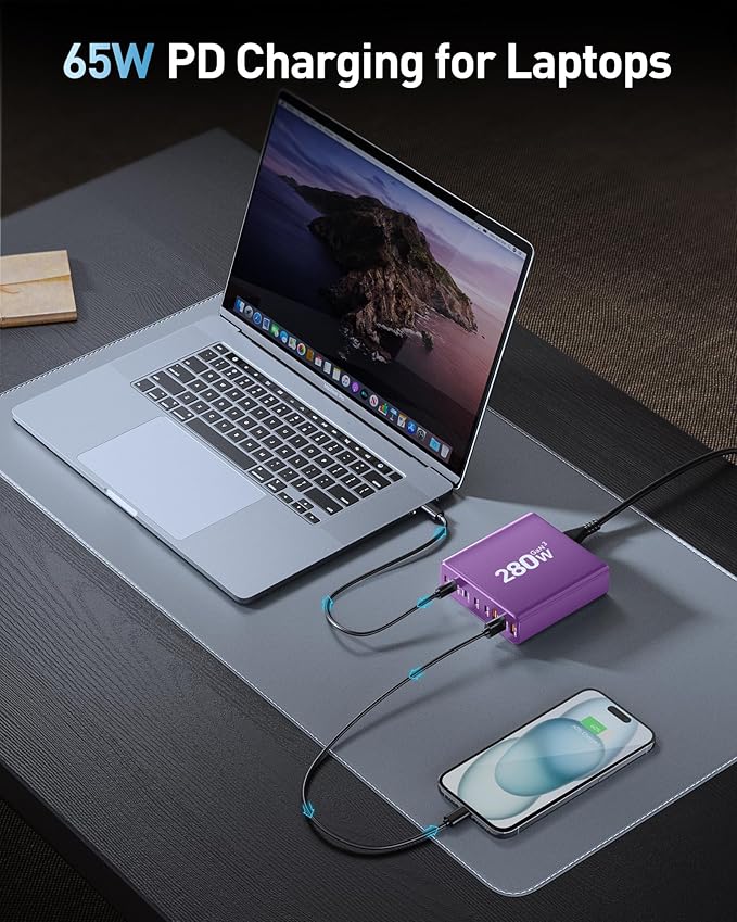 280W USB C Charger Block, 8-Port USB C Charging Station GaN III PD 65W Laptop - Image 3