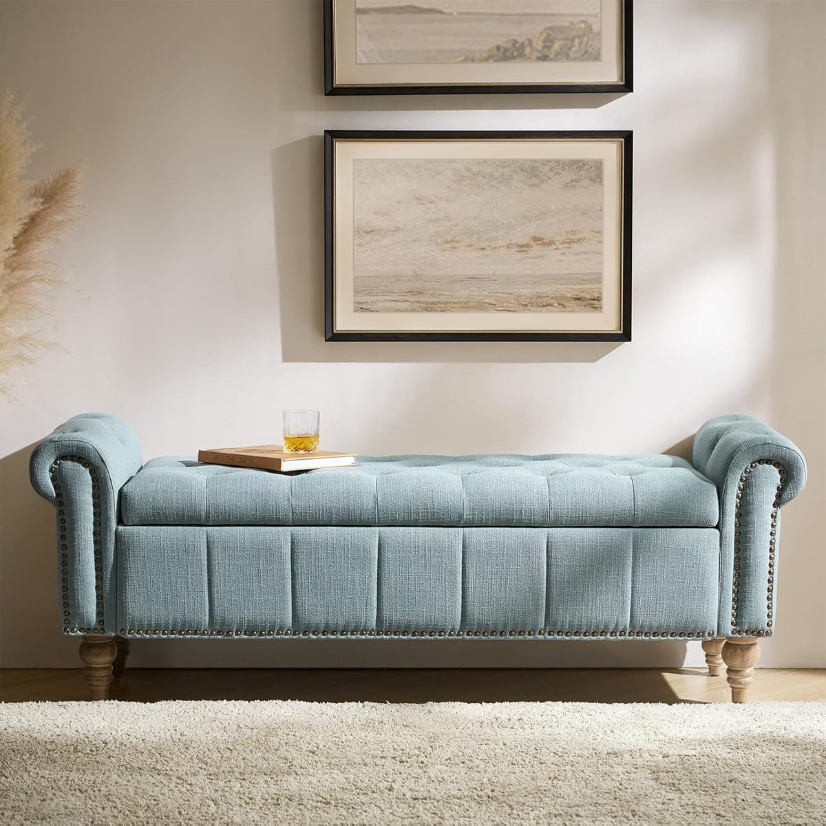 hulala home farmhouse storage bench, blue, main product view