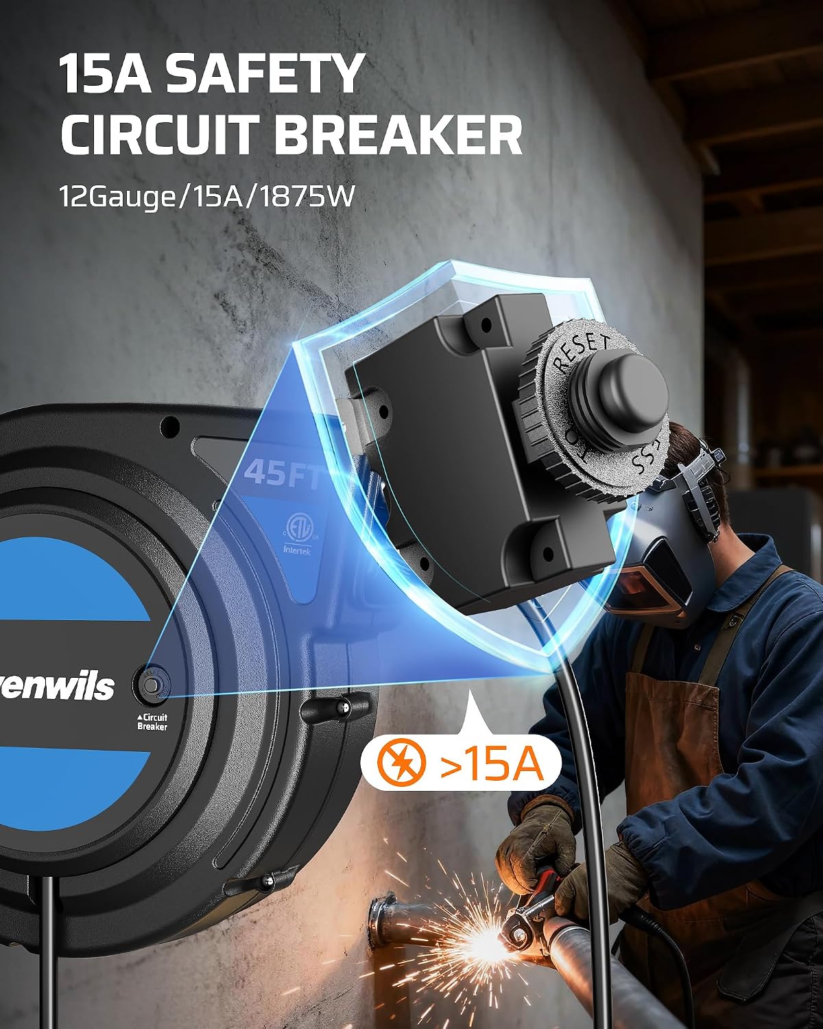 DEWENWILS 45FT Retractable Extension Cord Reel, 6 Outlets, 12/3AWG SJTOW | 15A Circuit Breaker,Automatic Retractable,Twist-Lock Stopper, 180°Swivel Bracket, Lighted Plug End for Garage,Workshop