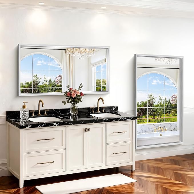 30x55 Silver Bathroom Mirror, Brushed Silver Rectangular Mirror - Image 3