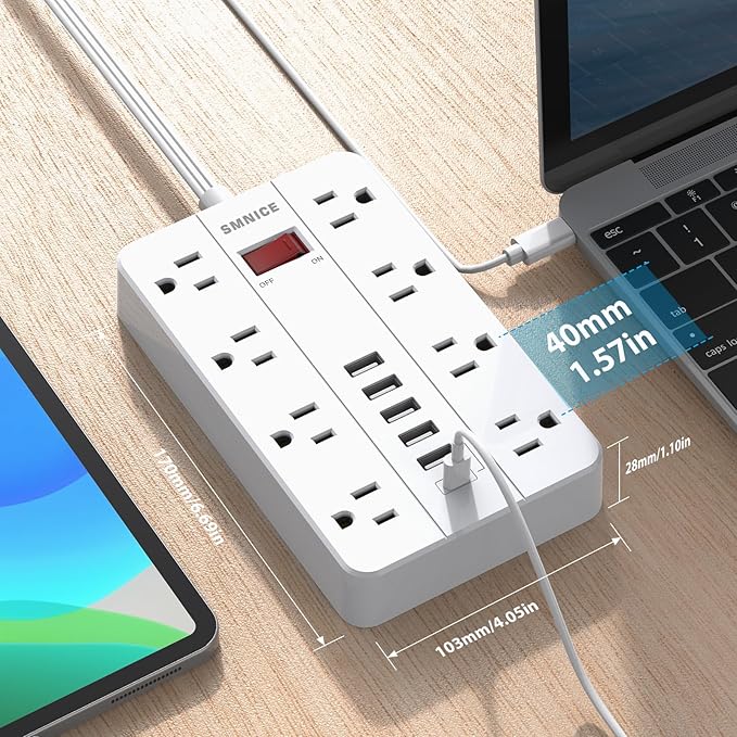 Power Strip Surge Protector, SMNICE Flat Plug Long Extension Cord 10 Ft - Image 4