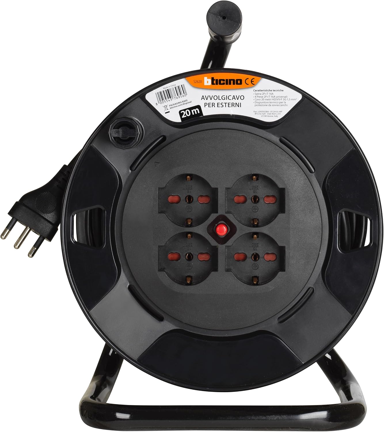 BTICINO Cable Reel S2620, Electric Extension 20 Metres, 4 Schuko Sockets, Double Pole, Large 16 A Plug, Thermal Switch, Ergonomic Handle, Cable Holder and Cable Reel, Full Black