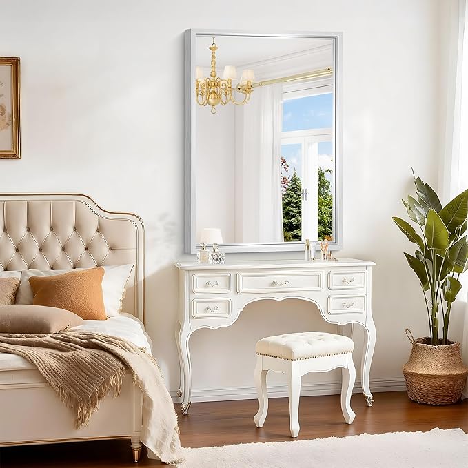 42x30 Silver Bathroom Mirror, Brushed Silver Rectangular Mirror - Image 4