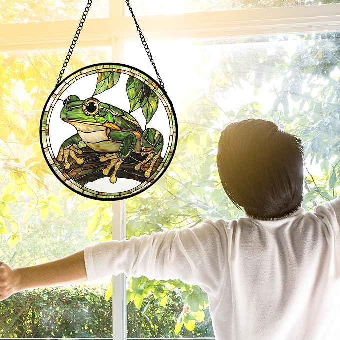 DASTOLL Stained Glass Window Hanging, Frog Green Leaf Sun Catchers Colorful - Image 3