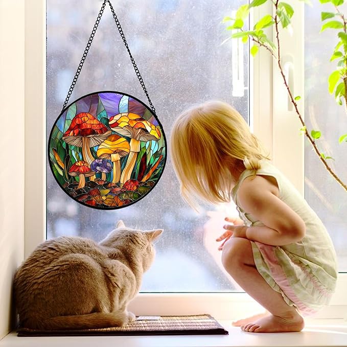 DASTOLL Stained Glass Window Hanging, Jungle Mushrooms Sun Catchers Diamond - Image 3