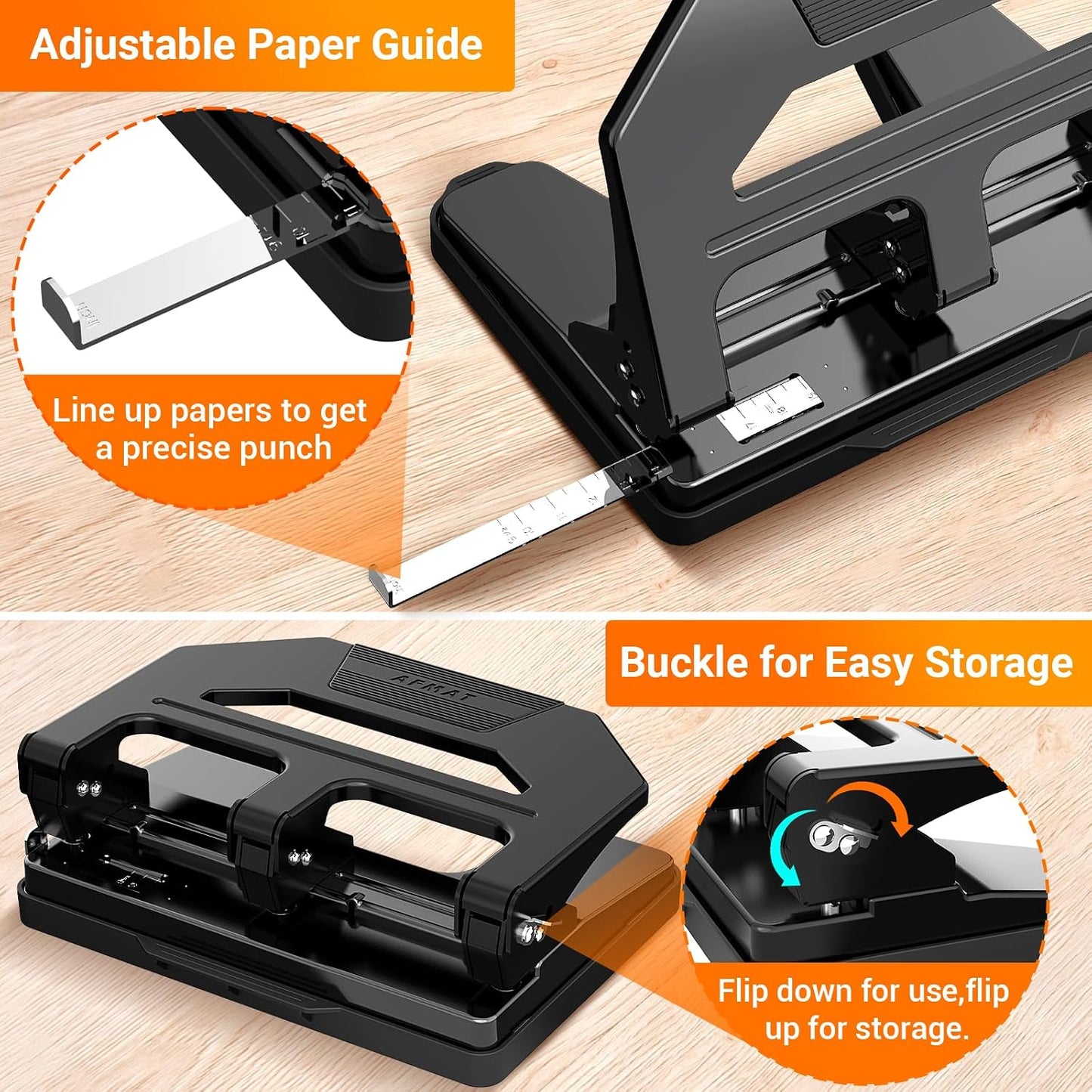 AFMAT Heavy Duty 3 Hole Puncher, 50-Sheet Paper Punch Heavy Duty, 50% Reduced Effort Three Hole Punch, 10K+ Uses, Metal Hole Puncher 3 Ring w/Large Tray, Bulit-in S.S. Paper Guide HPX4(Black)