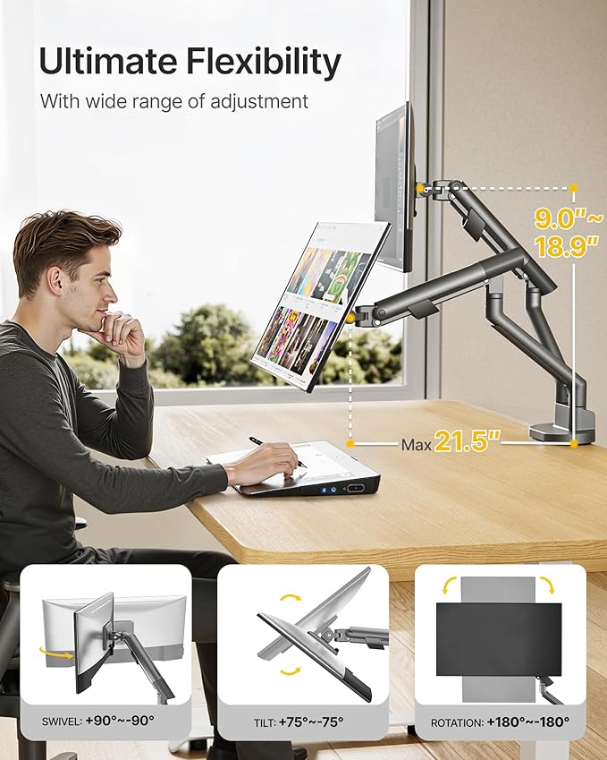 monTEK Dual Monitor Stand for 2 Screens 17 to 35 Inch, Heavy Duty Monitor Mount - Image 7