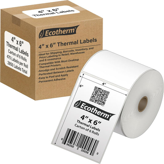 4" x 6" Thermal Labels | 6 Rolls | 2850 Labels | fits Zebra, Offnova Thermal