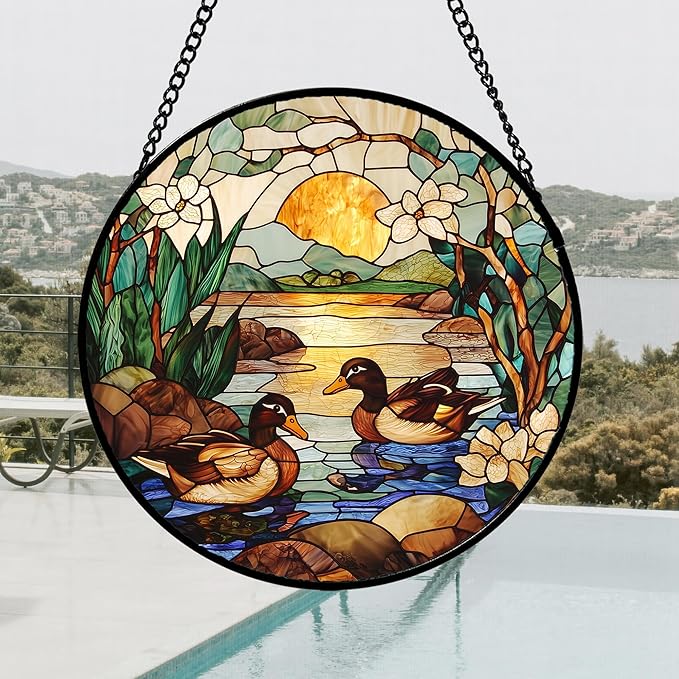 AMDERVEN Stained Glass Window Hanging, Ducks in The Pond Sun Catcher - Image 3