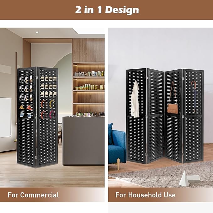 ECOMEX 4 Panel Room Divider, 5.6Ft Pegboard Display Wooden Room Divider Folding - Image 2
