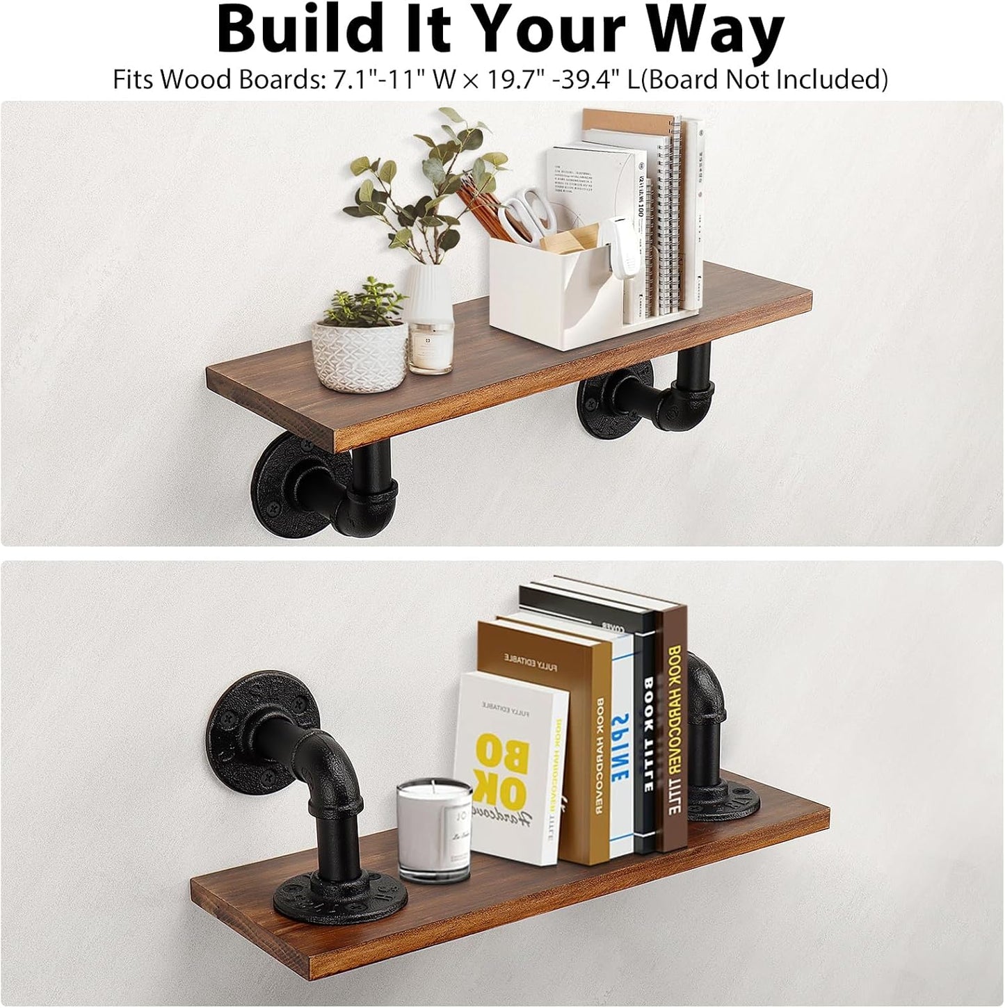 NearMoon Industrial Pipe Iron Shelf Brackets-Wall Mounted DIY Rustic Pipe Metal Brace Brackets, Vintage Farmhouse Décor Hardware Shelving Brackets for Floating Shelves, Black (4 Inch, 4)
