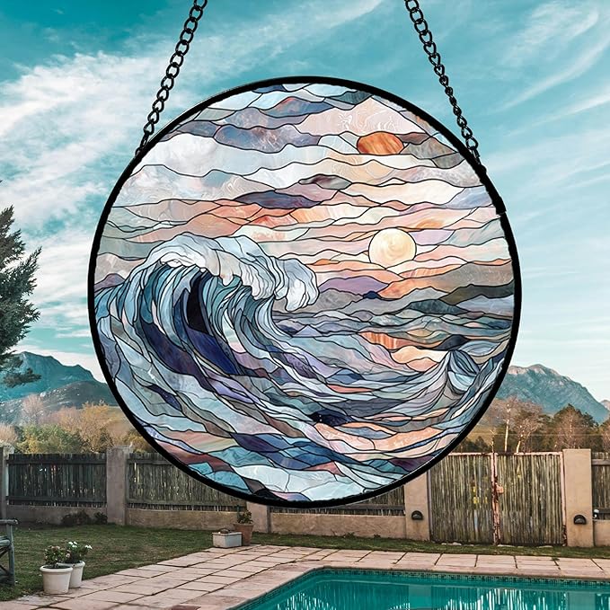 DASTOLL Stained Glass Window Hanging, Sunrise Waves Sun Catchers Diamond Glass - Image 3