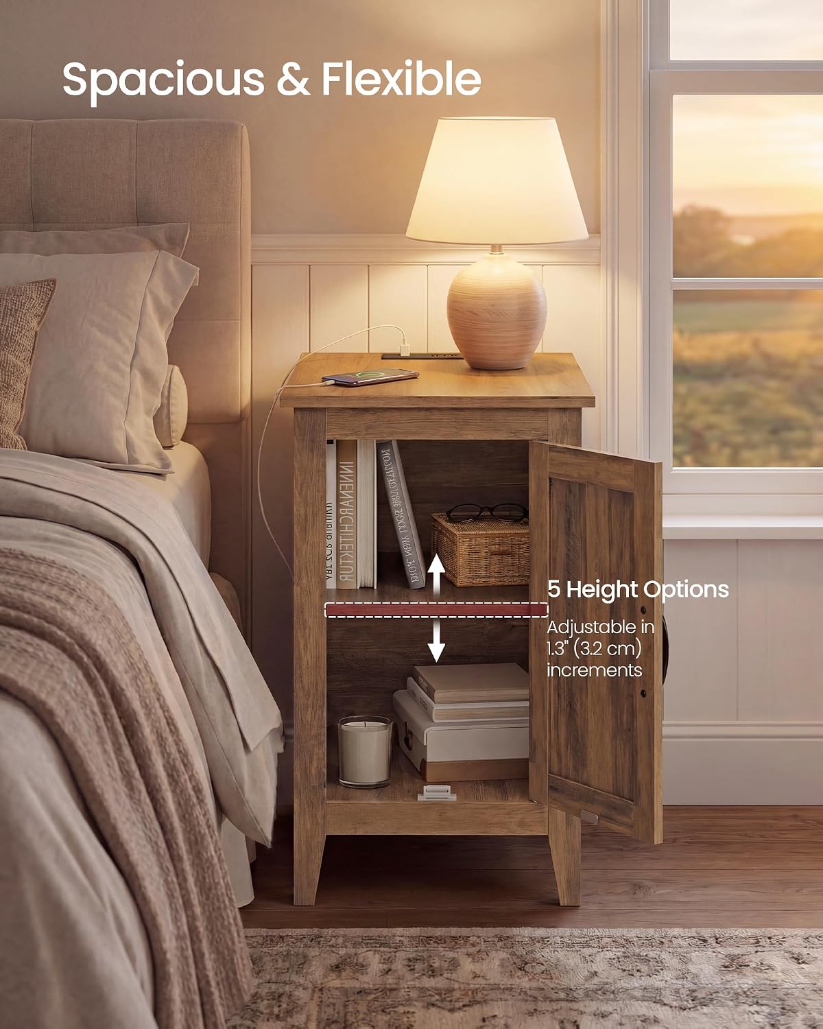 VASAGLE LIRY Collection - End Table with Charging Station, Side Table with Storage Cabinet, Night Stand for Living Room, Bedroom, Home Office, Warm Brown ULET131K101S