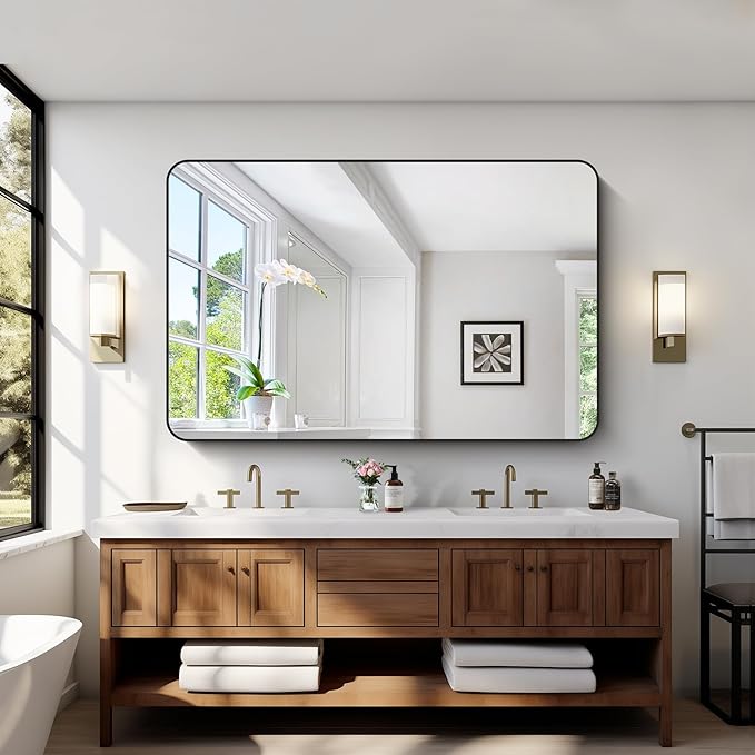 Bathroom Mirror, 55 x 36 inch Black Rectangle Wall Mirror, Metal Frame Rounded - Image 2