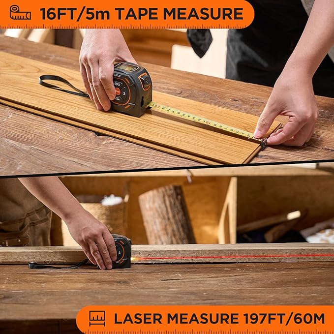 Laser Tape Measure 2-in-1, 197Ft Laser Distance Meter & 16Ft Digital Tape - Image 2