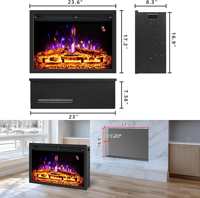 24.5" Electric Fireplace Inserts, Adjustable Brightness, Thermostat&Timer - Image 3