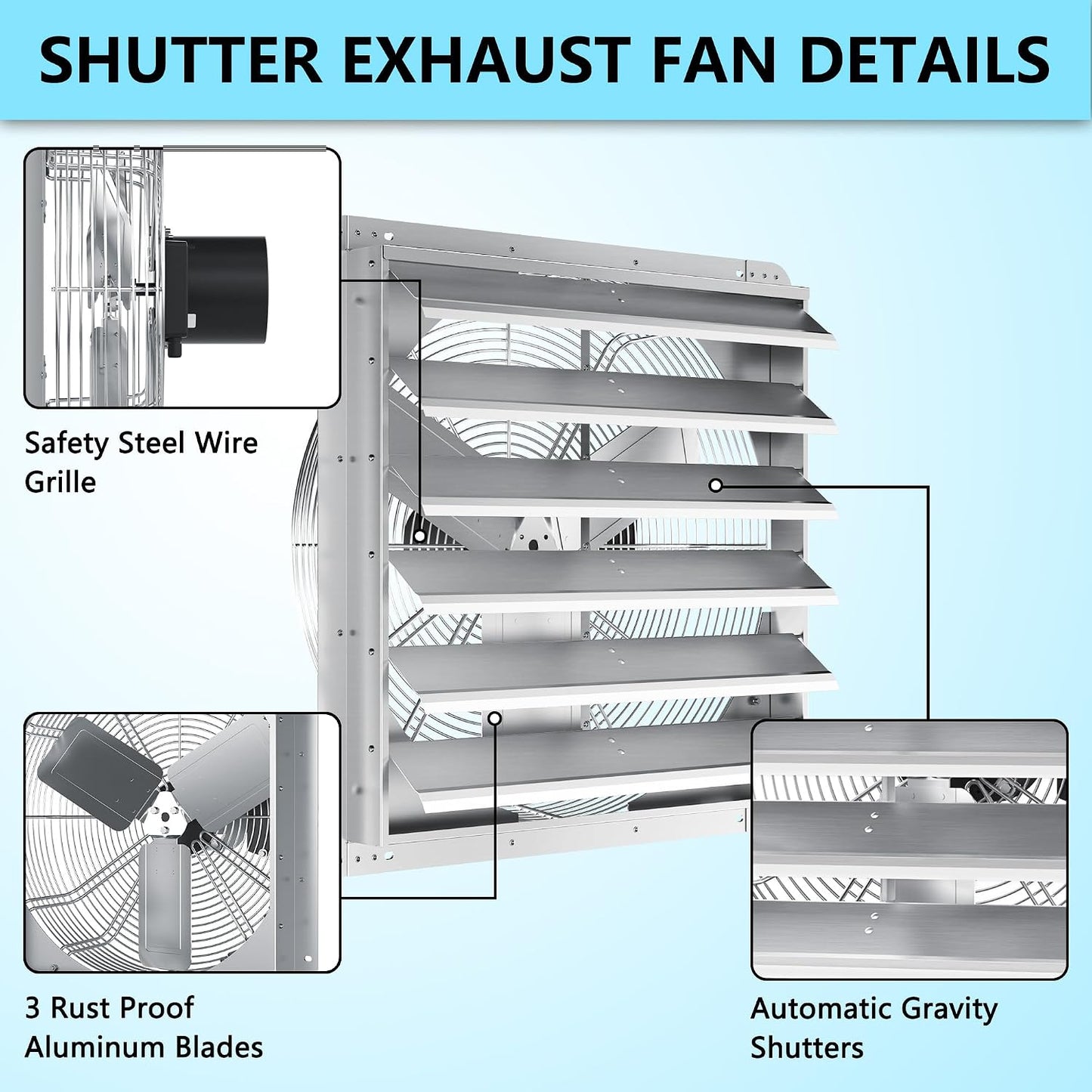 24 Inch Shutter Exhaust Fan, Aluminum Wall Mounted Exhaust Fan, 5280 CFM High Speed Automatic Shutter Attic Fan, Vent Fan For Greenhouse,Shed,Shop,Garage,ETL Listed