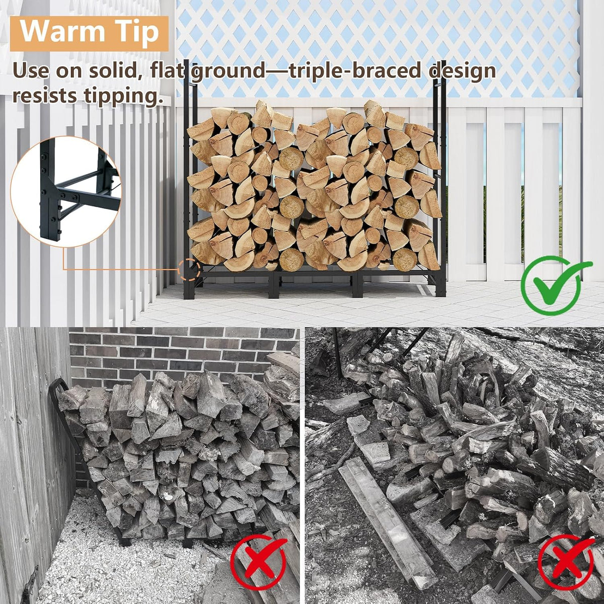 c-hopetree 4ft outdoor indoor firewood rack, adjustable metal, close-up detail
