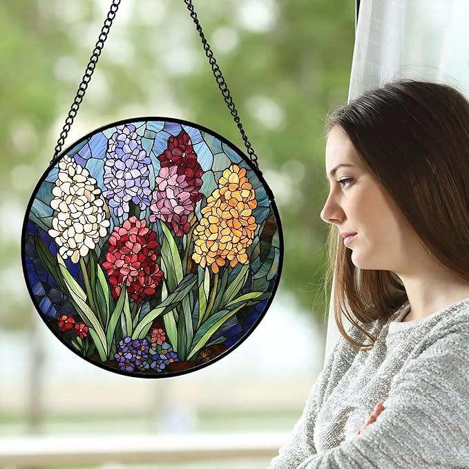 DASTOLL Stained Glass Window Hanging, Colorful Hyacinth Flowers Suncatcher - Image 2