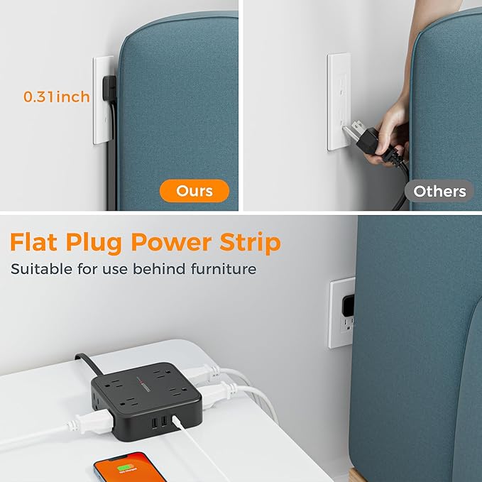15 FT Extension Cord, TESSAN Ultra Thin Flat Plug Power Strip Surge Protector - Image 3