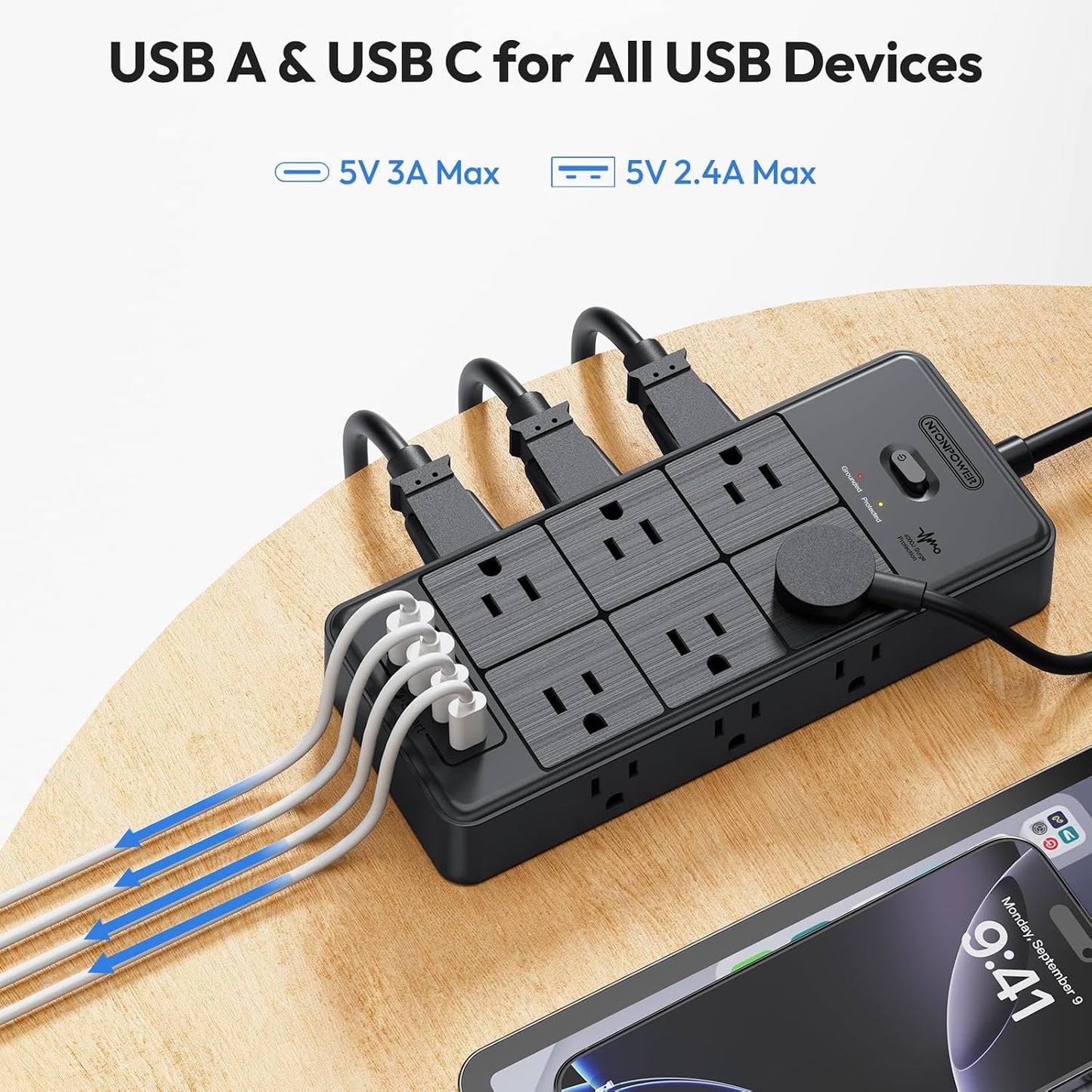 NTONPOWER Long Cord Power Strip, 25 FT Extension Cord with 12 Outlets & 4 USB Ports (2 USB C), 3 Side Multiple Outlet Extender, Wall Mounted for Home Office