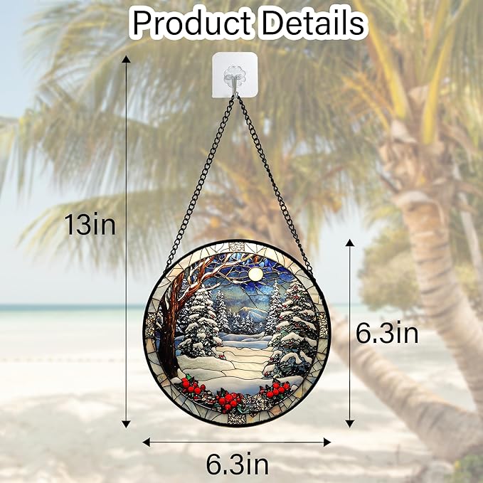 DASTOLL Stained Glass Window Hanging Christmas Tree Winter Snow Night Scenery - Image 4