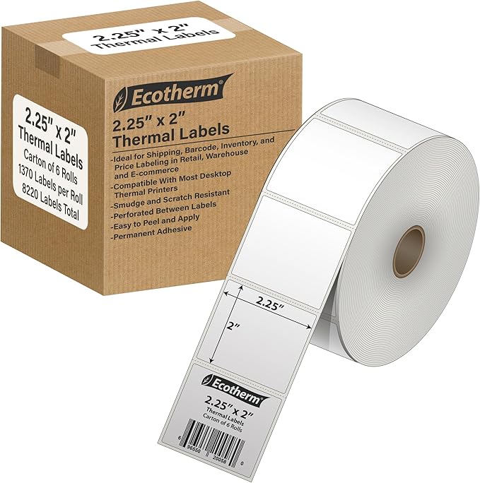 2.25" x 2" Thermal Labels | 6 Rolls | 8220 Labels | fits Zebra, Offnova Thermal by EcothermProducts