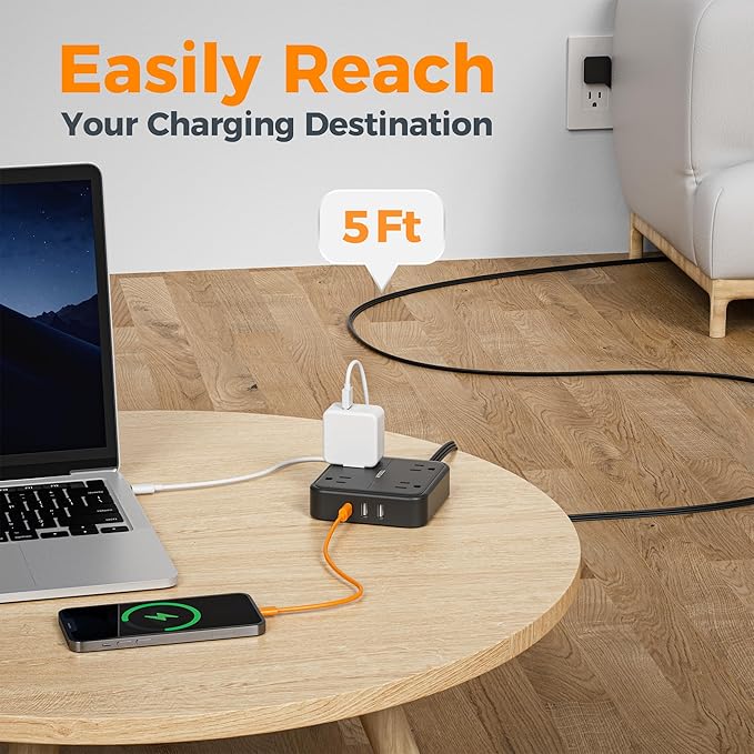 Surge Protector Flat Extension Cord 5FT, TESSAN Flat Plug Power Strip - Image 5