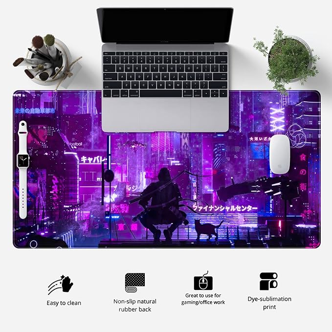 Anime Neon Mouse Pad Purple City Gaming Desk Big Cute Kawaii Pink Extended - Image 2