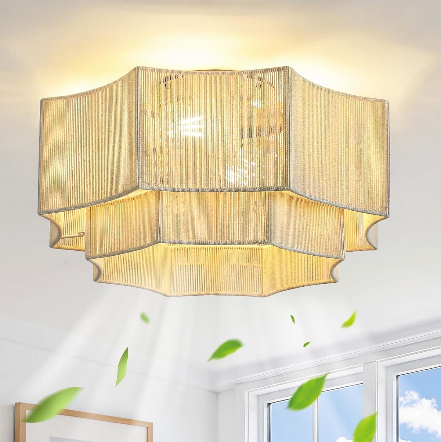 RUIYEY Boho Ceiling Fans with Lights: 20 inch Beige 2-Tier Modern Flush Mount Ceiling Fan with Remote, 7 Blades Reversible 6 Speeds E26 4 Light Low Profile Caged Fandelier for Bedroom Kitchen Island