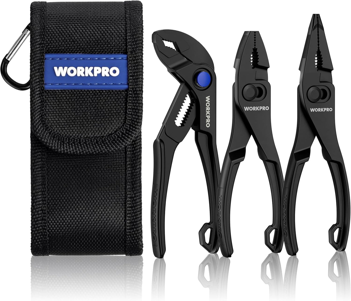 WORKPRO 3-Piece Mini Pliers Set with Pouch, Pocket Pliers, EDC Tool Gift | 4-Inch Slip Joint Pliers, 4-Inch Water Pump Pliers, 4.5-Inch Long Nose Slip Joint Pliers, Alloy Steel, Anti-Rust Coating