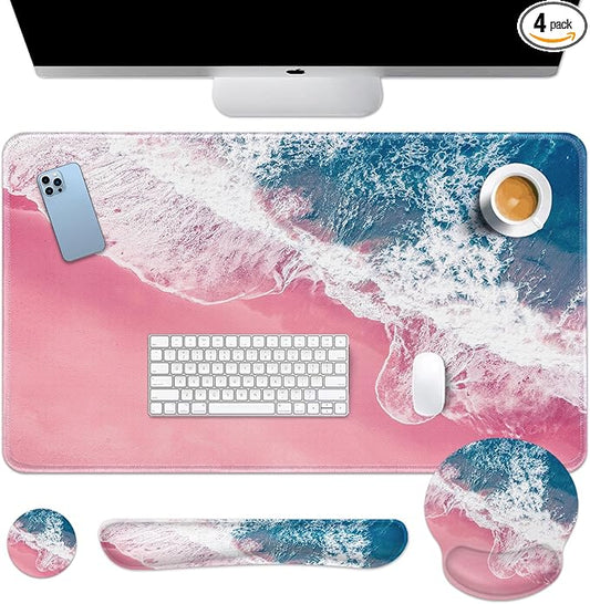 Britimes Blue Sea Keyboard Mouse Pad Set Pink Sand Beach 4in1 Large by Britimes