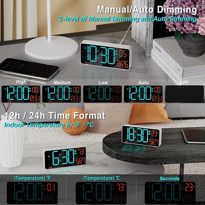 KOSUMOSU Small Digital Clock for Bedroom, 6.7in Desk Clock, Auto Dimming - Image 2