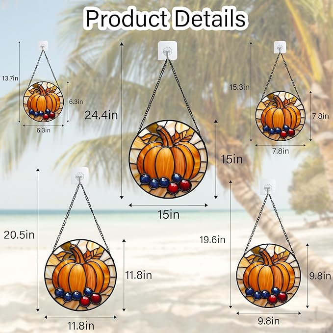 DASTOLL Stained Glass Window Hanging Fall Pumpkin Berries Large 11.8" - Image 6