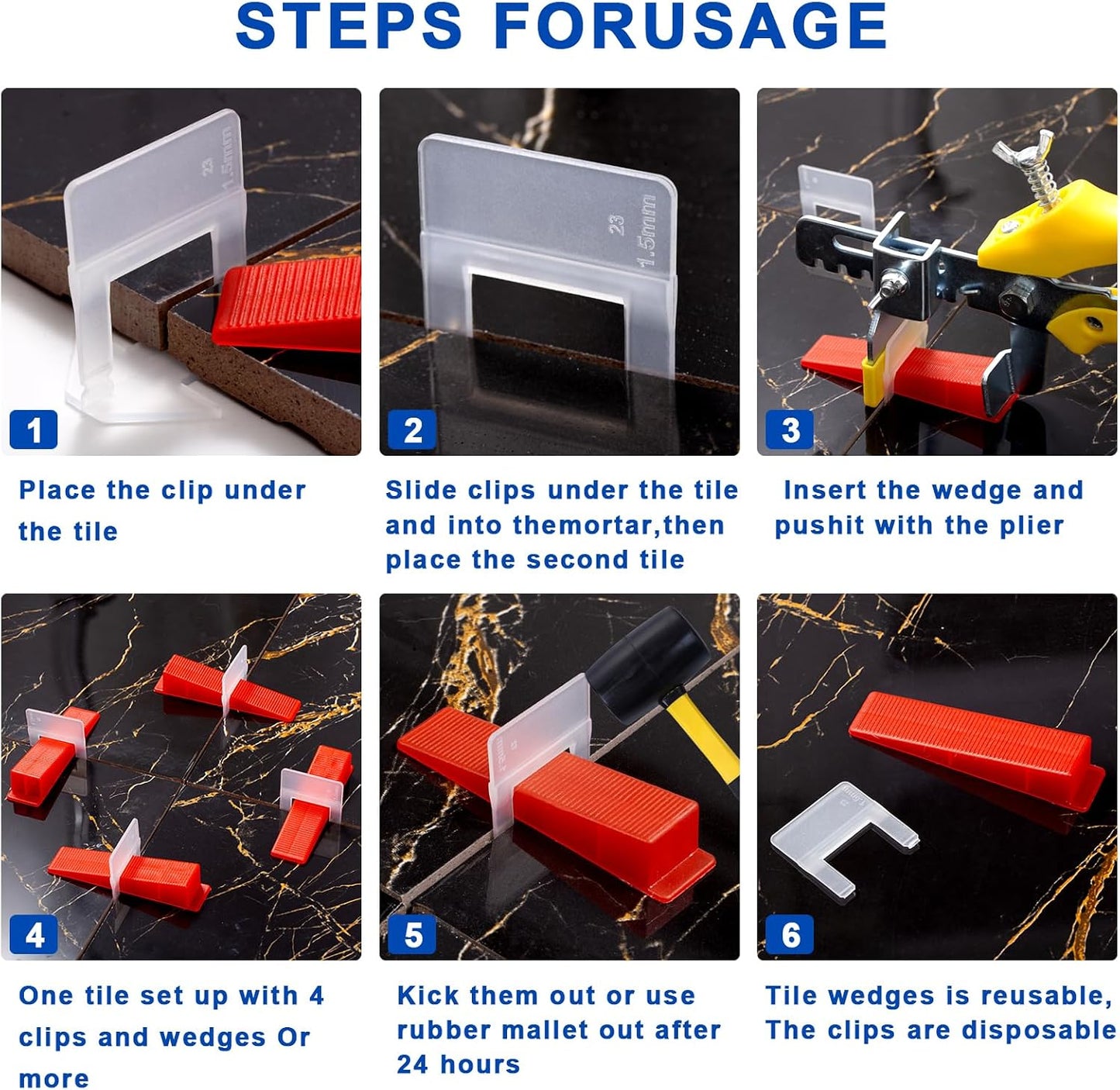 Tile Leveling System Clips Tiles Leveler Spacers Tile Clips 1/16 inch Tile Spacer 6500 Piece and 16 oz Rubber Mallet Hammer .Tile Tools Set for Professional Ceramic and Stone Installation