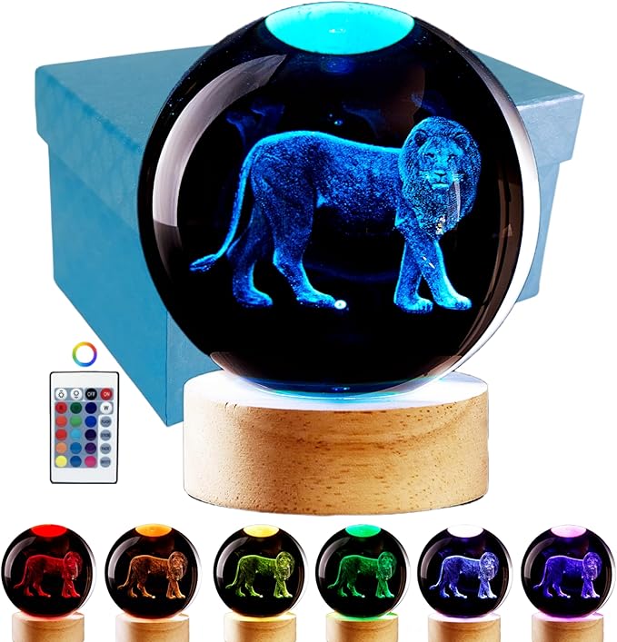 3D Crystal Ball Lamp with Lifelike LED Lion, 16 Color Changing Light, Dimmable by Conalisk