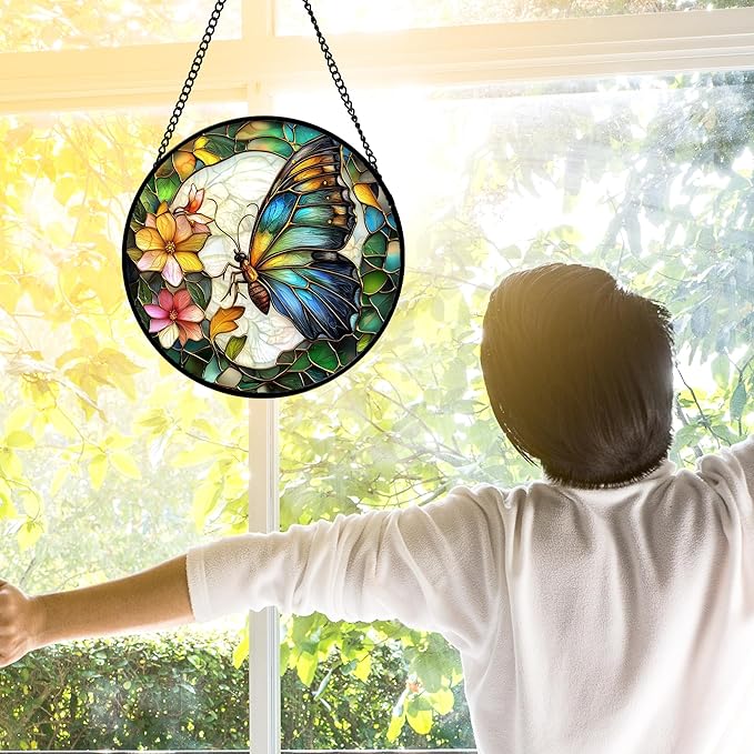 DASTOLL Stained Glass Window Hanging, Butterfly Flower Sun Catchers Diamond - Image 2