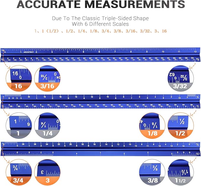 12" Architectural Scale Ruler Aluminum Architect Scale Triangular Scale Ruler - Image 3