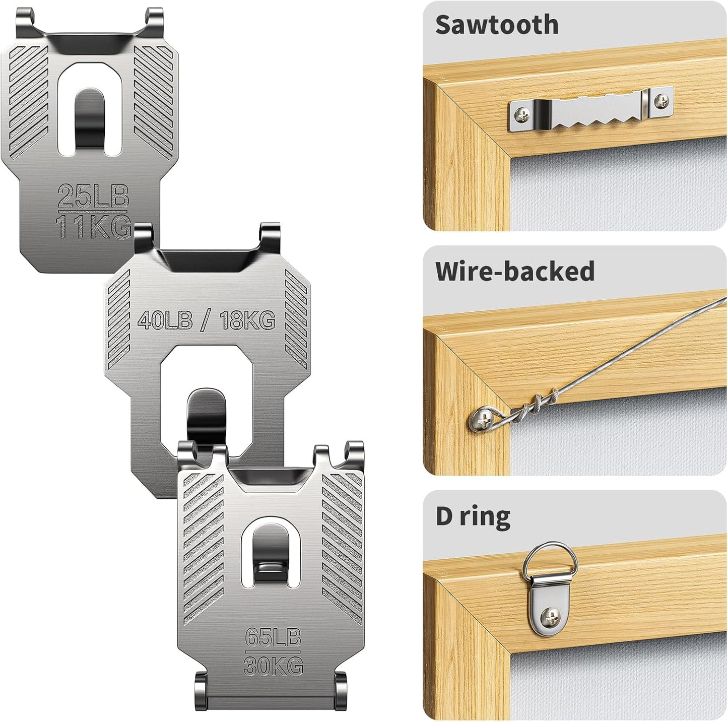 25 40 65 LB Picture Hangers Claw for Drywall Heavy Duty No Damage | 25 Picture Hanging Hooks Tool Free Sawtooth Wire Ring Kit Wall Hanger for Room Office Mirror Photo Poster Frame Decor