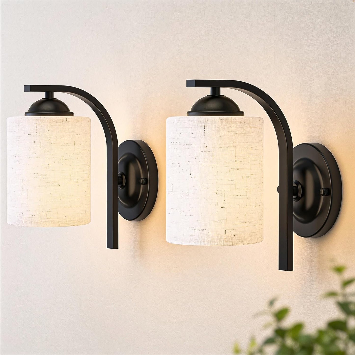 2-Pack Wall Sconces for Bedroom and Bathroom, Matte Black Farmhouse Wall Light Fixtures with Fabric Shade, Modern Vanity Wall Lamps for Living Room, Hallway, Kitchen